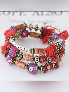 Bracelet Boho Beaded Wrap Red Gold Tone